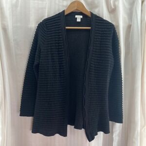 Chicos Black Textured‎ Knit Cardigan Sweater Size 2 Wool Blend Open Front flawed